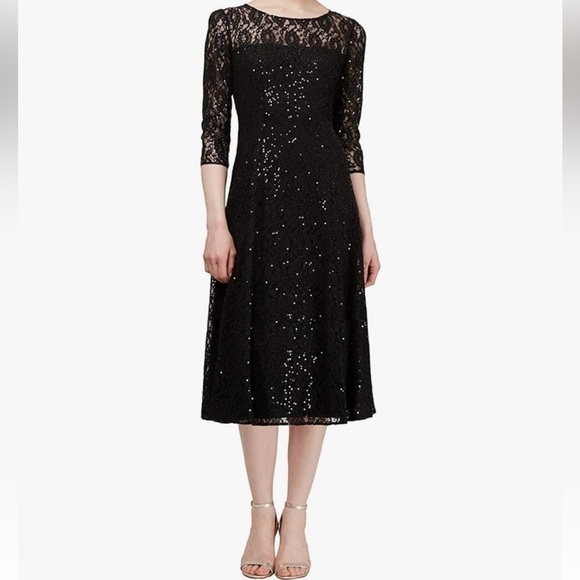 S.L.N.Y Fashions Women's Midi Length Sequin Lace Fit n Flare Dress plus 14 black - Picture 9 of 9